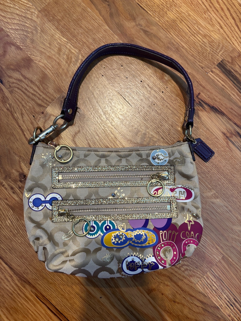 Coach Beige Signature Canvas Baggette with Purple Accent